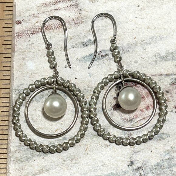 Long Sterling Silver Fresh Water Pearl Fancy Beaded Dangle Earrings Hoop Circle - Picture 5 of 9